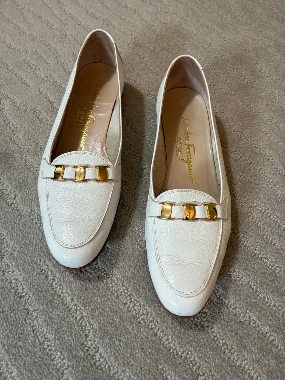 Salvatore Ferragamo White Leather Loafers with Gold Hardware